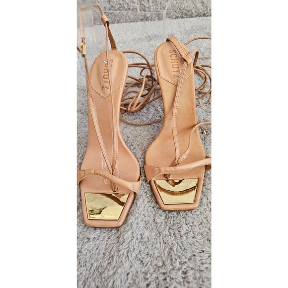 New Schutz Vikki Tan Leather Lace Up High Heel Square Toe Sandals Womens Size 8B - Picture 2 of 9